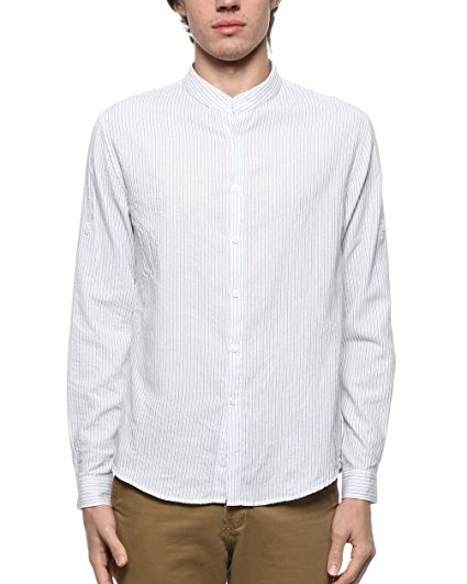 BYLUNTA Men Regular Fit Band Collar 100% Cotton Pinstrip Long Sleeve Casual Business Shirt
