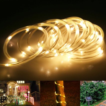 LE 165ft LED Solar Rope Lights Waterproof 50 LEDs 12 V Warm White Portable with Light Sensor Outdoor Rope Lights Ideal for Christmas Wedding Party