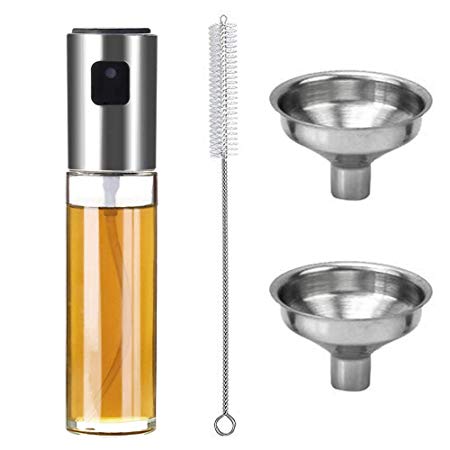 Rocutus Olive Oil Sprayer Dispenser with Clean brush And Funnel,Food-Grade Glass Oil Spray Transparent Vinegar Bottle 100ml,Refillable Multifunction Oil Sprayer for Cooking,Baking,Roasting,Grilling