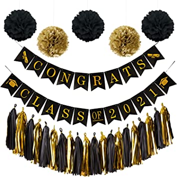 2021 Graduation Decorations, Congrats Class of 2021 Banner, Black & Gold Graduation Party Supplies with 5 Pom Poms Flowers, 20 Black Gold Tassels Classy Graduation Decorations for Class of 2021 TD012