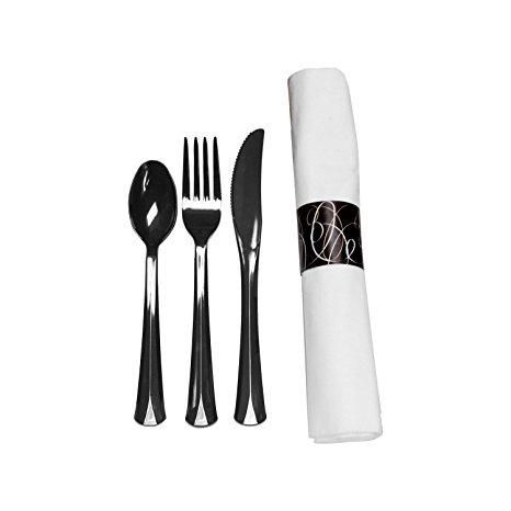 Party Essentials N501732 Napkin Rolls with Extra Heavy Duty Cutlery, Black/White, 25 Roll Count