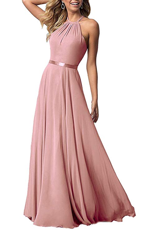 Bridesmaid Dresses Long Halter Chiffon Aline Prom Formal Wedding Party Dress Womens