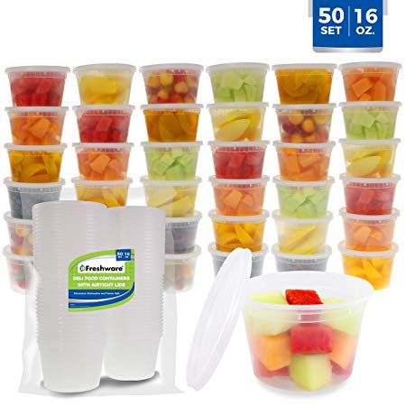 Freshware Food Storage Containers [50 Pack] 16 oz Plastic Containers with Lids, Deli, Slime, Soup, Meal Prep Containers | BPA Free | Stackable | Leakproof | Microwave/Dishwasher/Freezer Safe