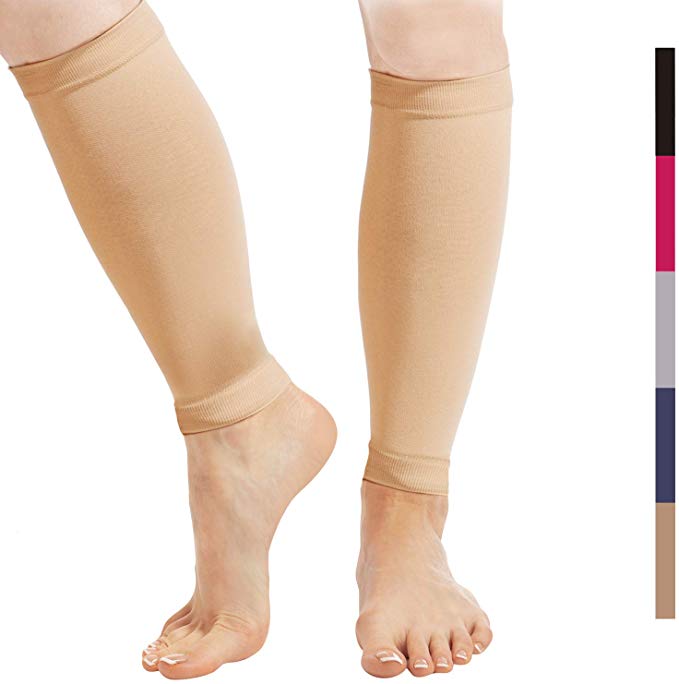 Calf Compression Sleeve for Men and Women - 1-Pair, 23-32 mmHg - Footless Socks for Shin Splint and Leg Cramps Pain Relief, Running, Sports, Travel - Nude, Small