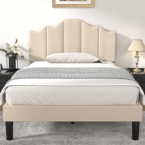 VECELO Twin Size Upholstered Platform Bed Frame with Adjustable Headboard, Wood Slat Support and Noise-Free, No Box Spring Needed, Easy Assembly