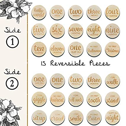 Baby Monthly Memory Photo Cards Set of 15 Double Sided Wooden Engraved Discs | Reversible with Weeks, Months, Holidays and Infant Firsts for Newborn Photography Props, Shower Registry Gift, Stickers