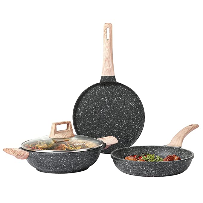 Carote Non Stick Set Combo, Nonstick Cookware Set, Induction&Gas Pan Set, Kitchen Set for Home, Cooking Set of 3 (24cm Granite Frying Pan 28cm Dosa Tawa 28cm Kadai)