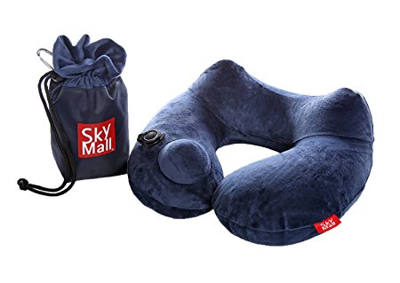 SkyMall Travel Pillow. Inflatable with Imbedded Pump. Luxuriously Soft. Perfect Neck Support While Sleeping on Airplane, Car, Train, Bus, Couch, Chair. (Blue)