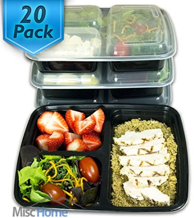 20 Pack 3 Compartment Meal Prep Containers BPA Free and FDA Certified Food Grade 3 Compartment Food Containers Portion Control and Stackable Bento Box Lunch Box Food Storage 3 Compartment