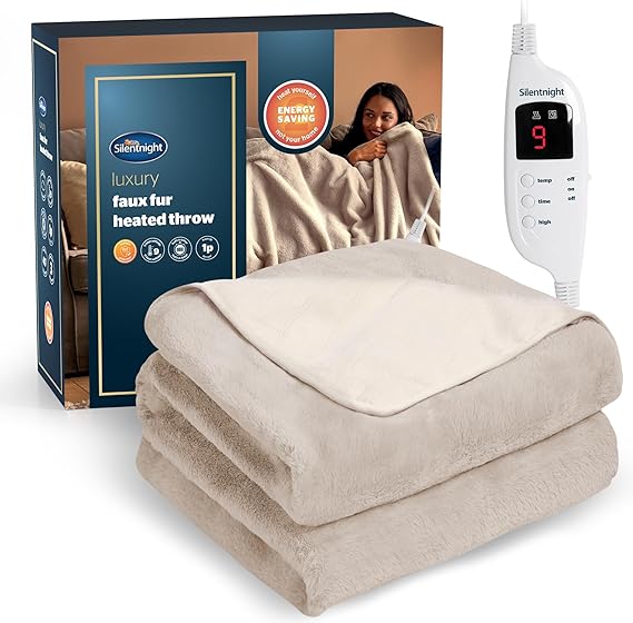 Silentnight Luxury Faux Fur Heated Throw Blanket - Soft Warm Cosy Heated Blanket for Sofa and Bed with 9 Heat Settings, Built-in Timer and Safety Shut Off - Machine Washable - 120x160cm