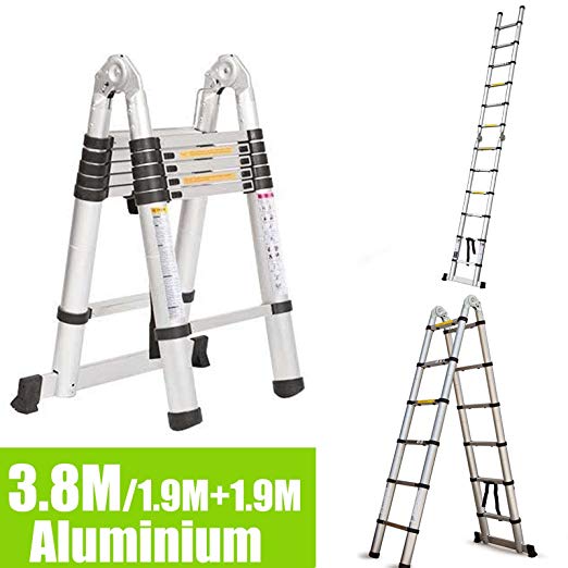 DIY 3.8M/1.9M 1.9M Folding Ladder A Frame Aluminium Telescopic Extension Portable 150kg Max. Capacity Muti-Purpose Loft Step Ladders