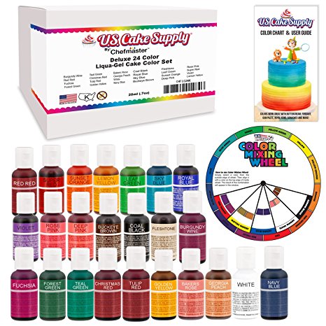 24 Food Color Primary & Secondary US Cake Supply by Chefmaster Liqua-Gel Paste Cake Food Coloring Set - The 24 Most Popular Colors in 0.75 fl. oz. (20ml) Bottles