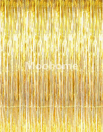 Moohome Big 3ft x 8ft Tinsel Metallic Gold Foil Fringe Curtains Backdrop Door Window Curtain Party Decoration (2-Pack, Gold)