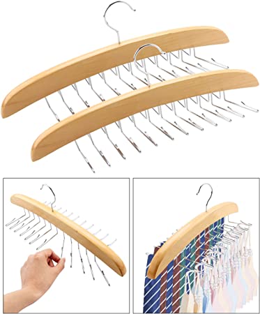 MOVNO 2Pcs Tank Top Hanger, Wood Bra Hanger with 24 Foldable Hooks, Space-Saving Tank Hook, 360° Rotating Tank Top Organizer for Closet, Durable Hanger Organizer for Tie, Belt, Scarf, Bra, Camisole