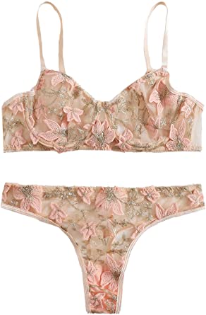 DIDK Women's Sexy Floral Embroidered Mesh Underwire Two Piece Lingerie Set