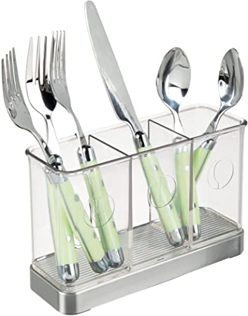 iDesign Forma Utensil, Spatula, Silverware Holder for Kitchen Countertop Storage, Organize Forks, Knives, Spoons, 3 Compartments, Brushed Stainless Steel and Clear