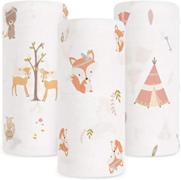 Babebay Baby Muslin Swaddle Blanket, 3-Pack Unisex Bamboo Swaddle Blanket Boys & Girl, Soft Silky Swaddling Blankets Wrap for Newborn Infant, Large 47 x 47 inches, Set of 3 -Fox, Tent and Jungle