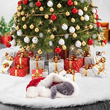 TOBEHIGHER Christmas Tree Skirt - 48 Inches White Christmas Tree Skirt, Luxury Soft Faux Fur Tree Skirt, Pet Favors for Xmas Tree Decorations and Ornaments Fluffy Short Fur