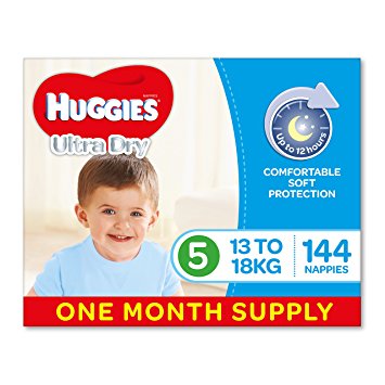 Huggies Ultra Dry Nappies, Boys, Size 5 Walker (13-18kg), 144 Count, One-Month Supply