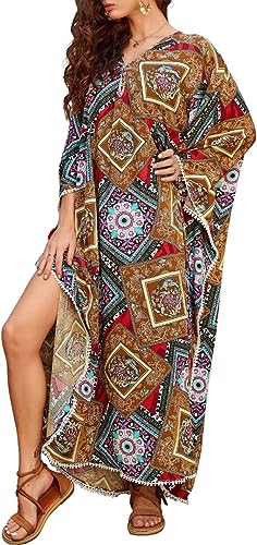 Bsubseach Women's Print Turkish Kaftan Beachwear Bikini Cover Up Maxi Dress