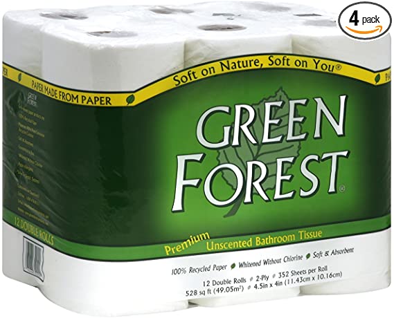 Green Forest Premium 100% Recycled Bathroom Tissue, 352 Sheets Each Roll, 12 Count (Pack of 4)