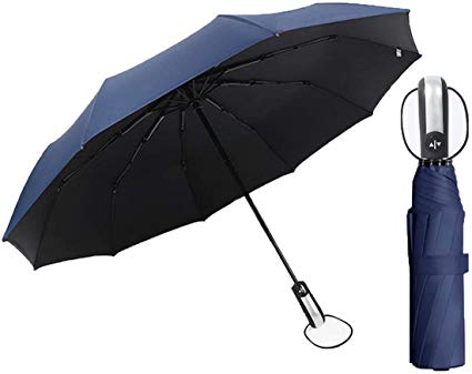 12 Ribs Inverted Umbrella Folding Umbrella 10 Ribs Portable Travel Umbrella with Leatherette Umbrella Cover- Auto Open and Close Button (Navy (A2-10), 39.37 inches X 25.19 inches)
