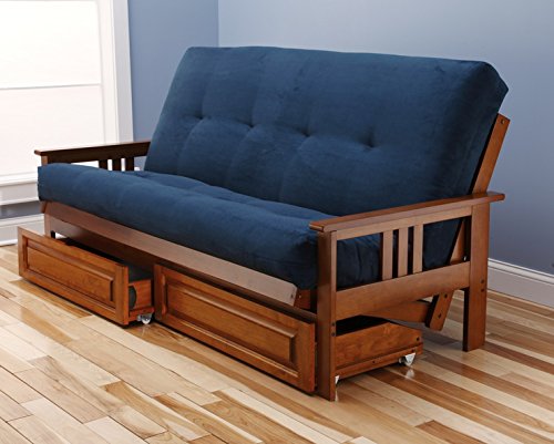 Eldorado Futon Brown Finish Frame w/ Coil 8 Inch Mattress Full Size Sofa Bed (Navy w/ Drawer set)