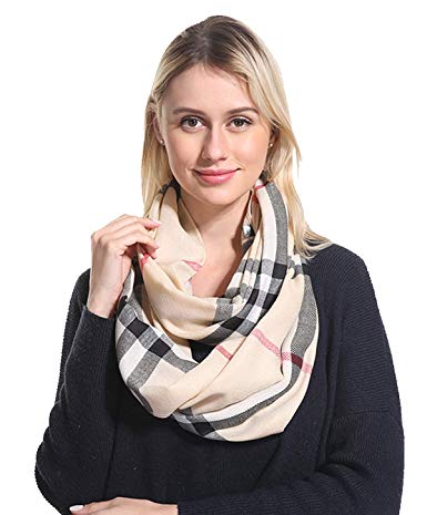 Classic Plaid Infinity Scarf, Elegant Patten, Rayon Soft,Mid-weight for All season