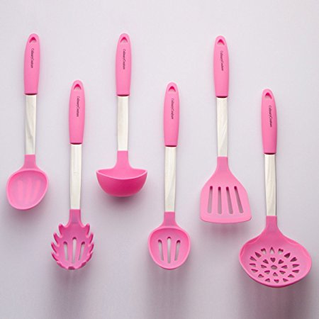 Culinary Couture Stainless Steel and Silicone Cooking Utensil Set with Ebook - Light Pink