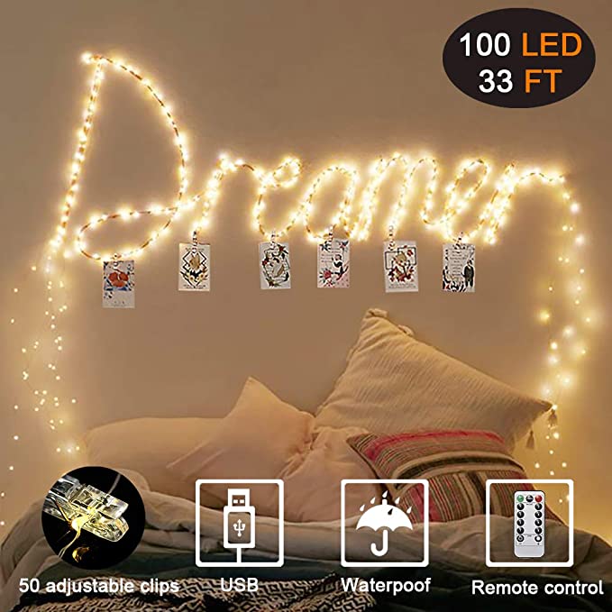 Homemory Photo Clips String Lights with 50 Clear Clips, 33FT 100 LED Bulbs USB Powered Fairy Lights with Remote, 8 Light Modes, for Hanging Pictures, Weddings, Parties, Wall Decorations
