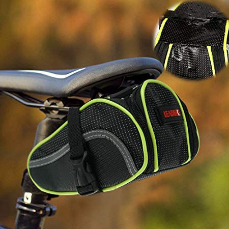 Ryhpez Bike Saddle Bag, Bicycle Bag Back Seat Pouch Mountain Bike Pocket Pack Waterproof Strap-on Seat Bag for Outdoor Night Safety Ride, Convenient with Reflective Stripes - Green