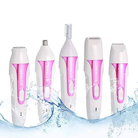 Idealco Bikini Hair Trimmer 5 in 1 Women Electric Shaver USB Rechargeable Epilator,Wet & Dry Electric Hair Removal,Painless Hair Remover Razor for Face Legs Arms Eyebrow Nose Bikini Area Armpit(Pink)