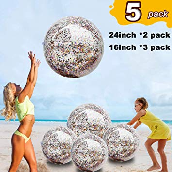 5 Pack Sequin Beach Ball Jumbo Pool Toys Balls Giant Confetti Glitter Inflatable Clear Beach Ball Swimming Pool Water Fun Toys Outdoor Summer Party Favors for Kids Adults (24"-2 Pieces,16"-3 Pieces)