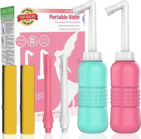 2PCS-Pack 2IN1 Intimate Wash for Women,2 Nozzle（Short Long）,Portable Bidet Travel Bidets with Waterproof Cap   Storage Bag,Peri Bottle for Postpartum Care (Pink Green)