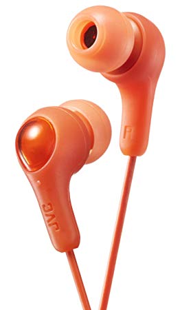 ORANGE GUMY In ear earbuds with stay fit ear tips.  Wired 3.3ft colored cord cable with headphone jack.  Small, medium, and large ear tip earpieces included.  JVC GUMY HAFX7D