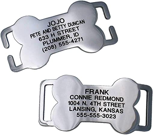 LuckyPet Slide-On Bone Pet ID Tags, Personalized Dog Tags in 4 Sizes, Silent, Chew-Proof Collar Tags Made of Stainless Steel, Custom Engraved, Fits Buckle Style or Snap Style Collars, Curved to Fit