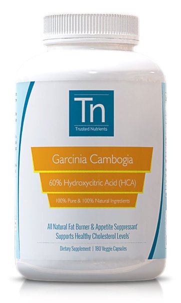 Trusted Nutrients Garcinia Cambogia Extract 100% Pure, 500mg Per Veggie Cap, 60% HCA, 180 Count, Serving Size Just 1 Veggie Cap