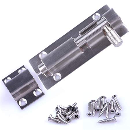 Door Security Slide Latch Lock, 3.5 inch Barrel Bolt with Solid Heavy Duty Steel to Keep You Safe and Private, Brushed Nickle Finish Door Latch Sliding Lock with 16 Stainless Steel Screws