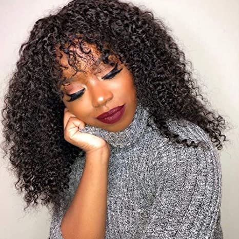 ISEE Curly Human Hair Wigs with Bangs for Black Women 150% Density 8A Brazilian Virgin Kinky Curly Lace Front Wigs Human Hair with Bangs Glueless Machine Made Hair Wigs Natural Black(16")