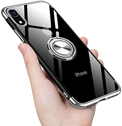 Guuboly iPhone XR Case Clear with Design, Ring Holder Kickstand, Shock-Absorption Soft Bumper Cover, Ultra Slim Thin TPU Soft Protective Cover for iPhone XR 6.1 inch - Silver