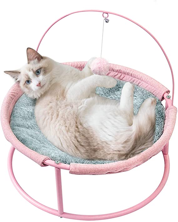 SAVFOX Luxury Soft Comfy Plush Indoor Elevated Cat Bed & Hammock with Stand Detachable Washable and Portable Pet Bed with Dangling Ball for Kitten Cats and Small Dogs Pink and Beige