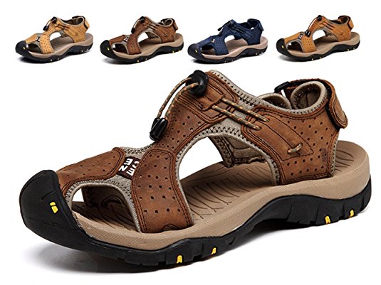 Summer New Outdoor Men's Beach Shoes Leather Casual Shoes Korean Breathable Wxposed Toe Leather Sandals Baotou Non-Slip