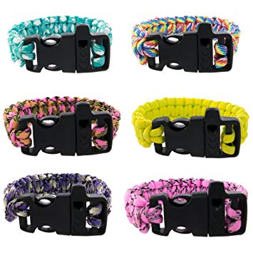 FROG SAC Paracord Bracelets with Emergency Whistle Buckles 6 PCs Pack - Survival Buckle Bracelet Set for Men Boys Women Girls - Camping, Hiking Accessories - Great Party Favors (Neon Camo)