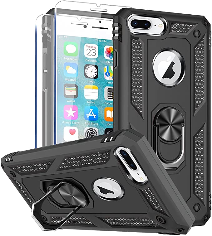 SunRemex Compatible for iPhone 8 Plus Case, iPhone 7 Plus Case, iPhone 6 Plus Case with Tempered Glass Screen Protector [2Pack] 5.5"，Kickstand [Military Grade] 16ft Drop Tested Protective. (Black)