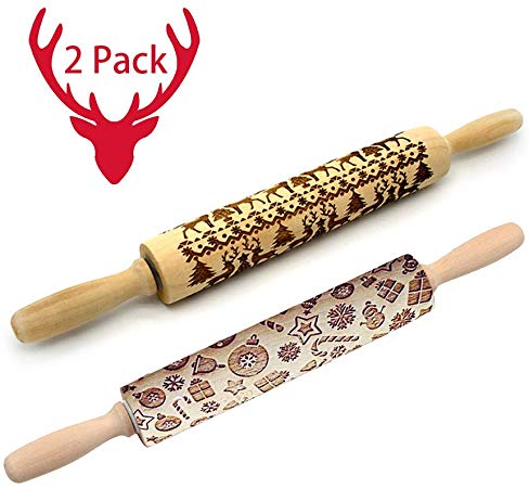 Christmas Wooden Rolling Pins,Engraved Embossing Rolling Pin with Christmas Deer Pattern for Baking Embossed Cookies,Rolling Pin Kitchen Tool 14 inch (2 pack)