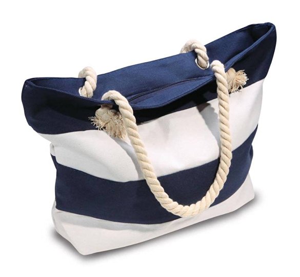 Beach Bag With Inner Zipper Pocket - Medium Sized Mesh Cotton Striped Tote Bag & Bonus Phone Dry bag