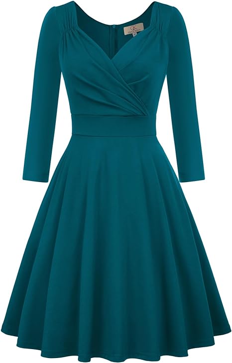 GRACE KARIN 3/4 Sleeve Flared Wrap V-Neck Swing Dress Cocktail Wedding Guest Party Dress for Women