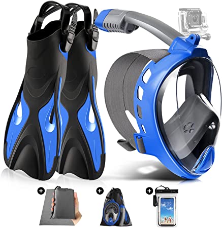 Odoland 5-in-1 Snorkel Set, Snorkeling Gear for Adults with Full Face Snorkel Mask, Adjustable Swim Fins, Beach Blanket, Waterproof Case and Mesh Bag, Anti-Fog Anti-Leak Scuba Gear for Men Women