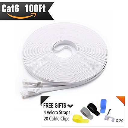 Cat 6 Ethernet Cable 100ft White (At a Cat5e Price but Higher Bandwidth) Flat Internet Network Cables - Cat6 Ethernet Patch Cable - Cat6 Computer Lan Cable With Snagless RJ45 Connectors