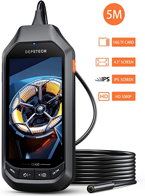 DEPSTECH Endoscope with 4.5in IPS Screen, 2.0MP Inspection Camera, Handheld HD Borescope, Waterproof Probe, Semi-Rigid Snake Camera, 6 Adjustable LED, 1.96in to 200in Large Focal Distance-16.4ft